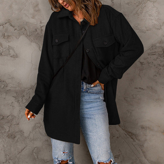 Damen vielseitige Oversize-Hemdjacke mit aufgesetzten Taschen und Knopfverschluss Heidi-Mode