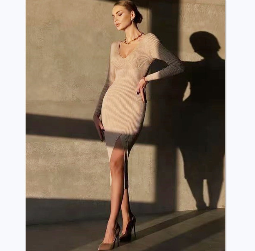 Damen Elegantes Strick-Maxikleid mit raffinierten Schnitt und figurbetontem Design Heidi-Mode