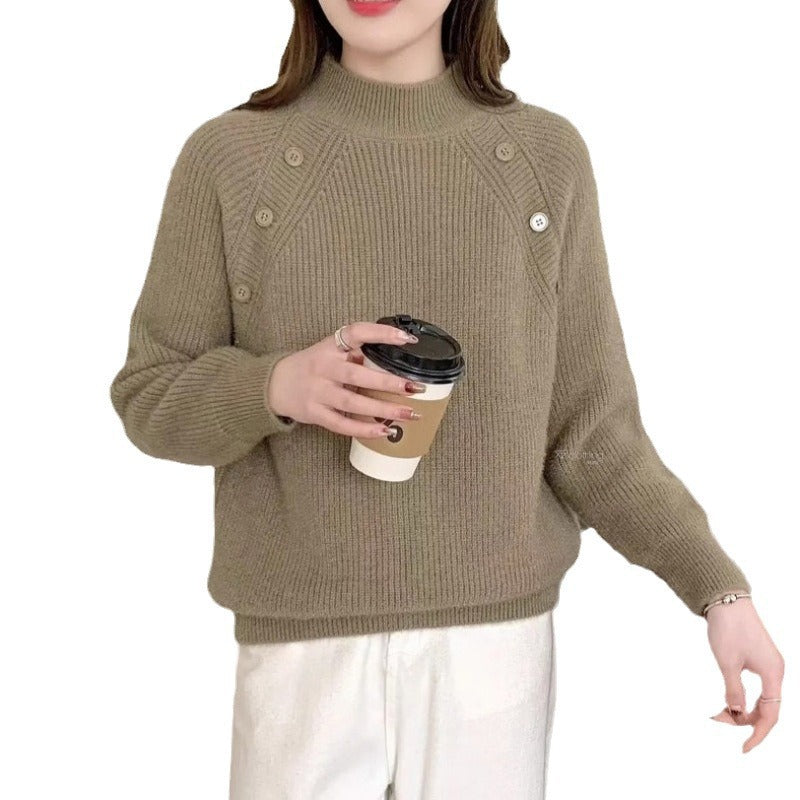 Damen Grobstrickpullover mit modernem Stehkragen und Knopfdetails Heidi-Mode