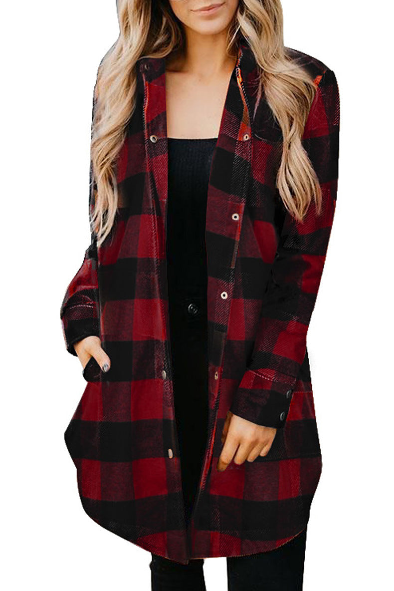 Damen lässige Longbluse im Karo-Design mit Knopfleiste Heidi-Mode