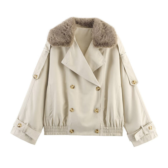 Damen modische Jacke mit kunstvollem Fellkragen und doppelter Knopfblende Heidi-Mode