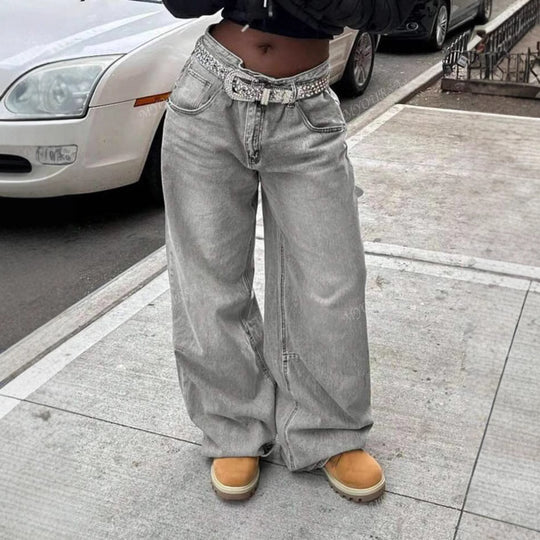Damen Weit geschnittene Jeanshosen mit funkelndem Gürtel Heidi-Mode