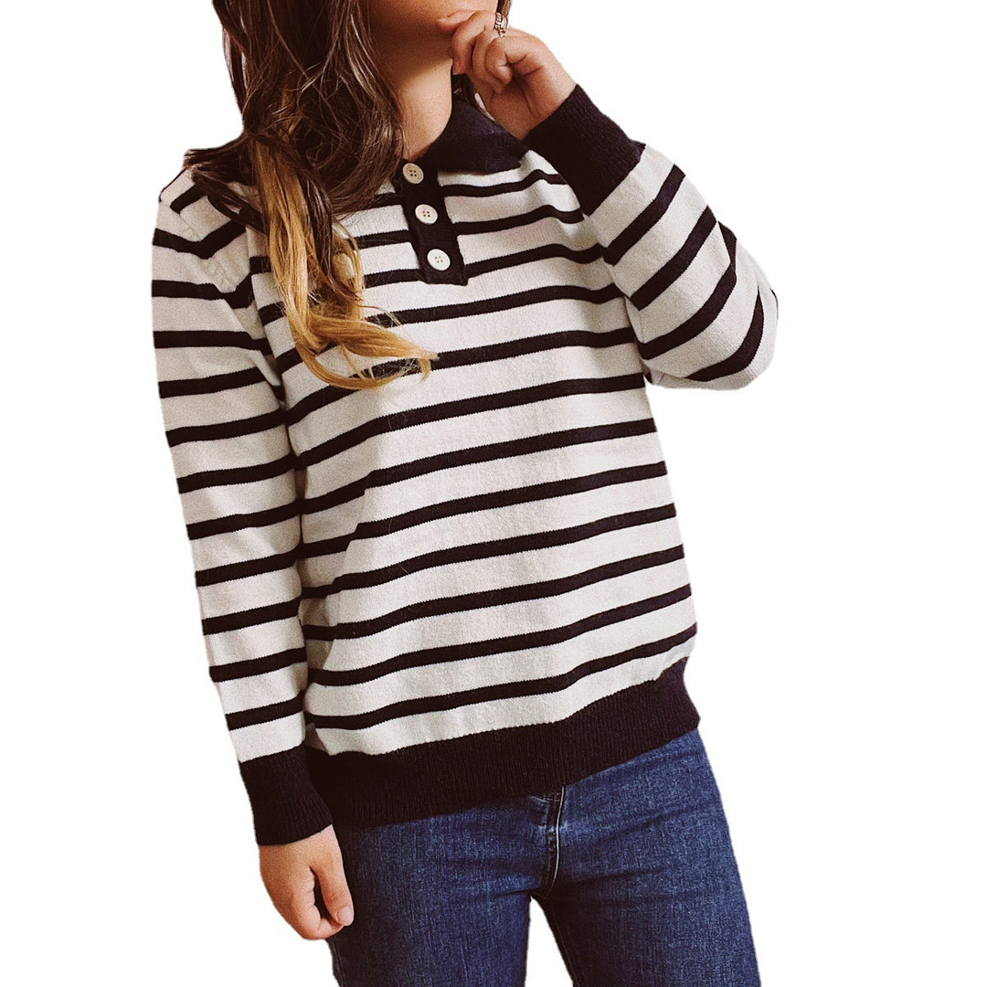 Damen legerer Streifenpullover mit Knopfleiste und weitem Schnitt Heidi-Mode