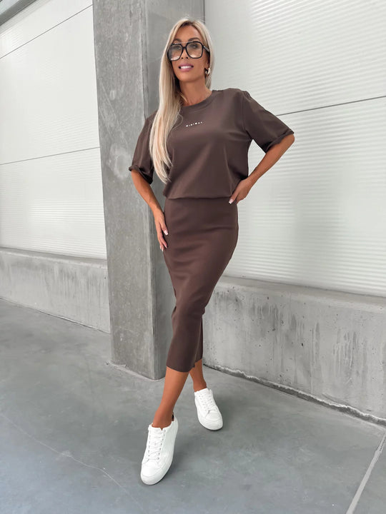 Damen Modisches Strickensemble mit lässigem Oberteil und weitem Rock Heidi-Mode