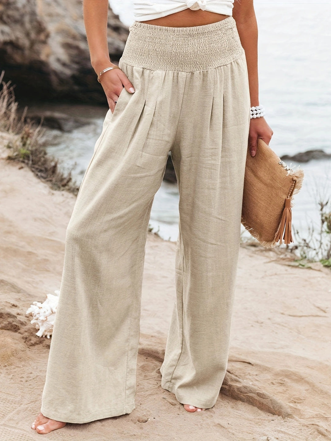 Damen weite Sommerhose mit elastischem Bund und elegantem Faltenwurf Heidi-Mode