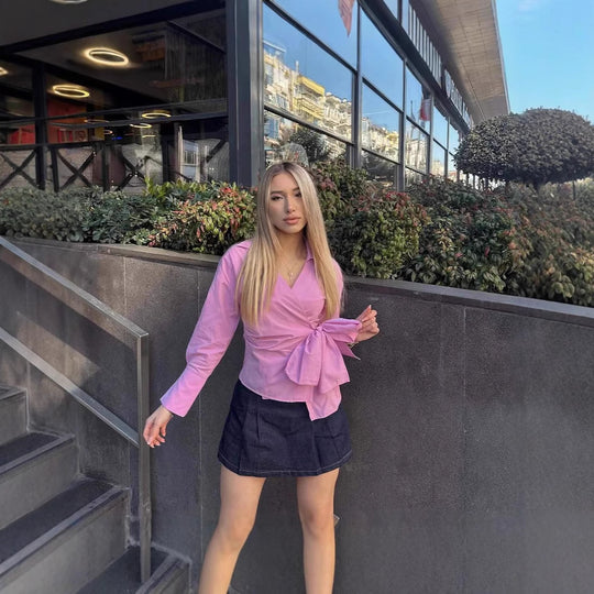 Damen Wickelbluse mit Bindeband und elegantem Kragen Heidi-Mode