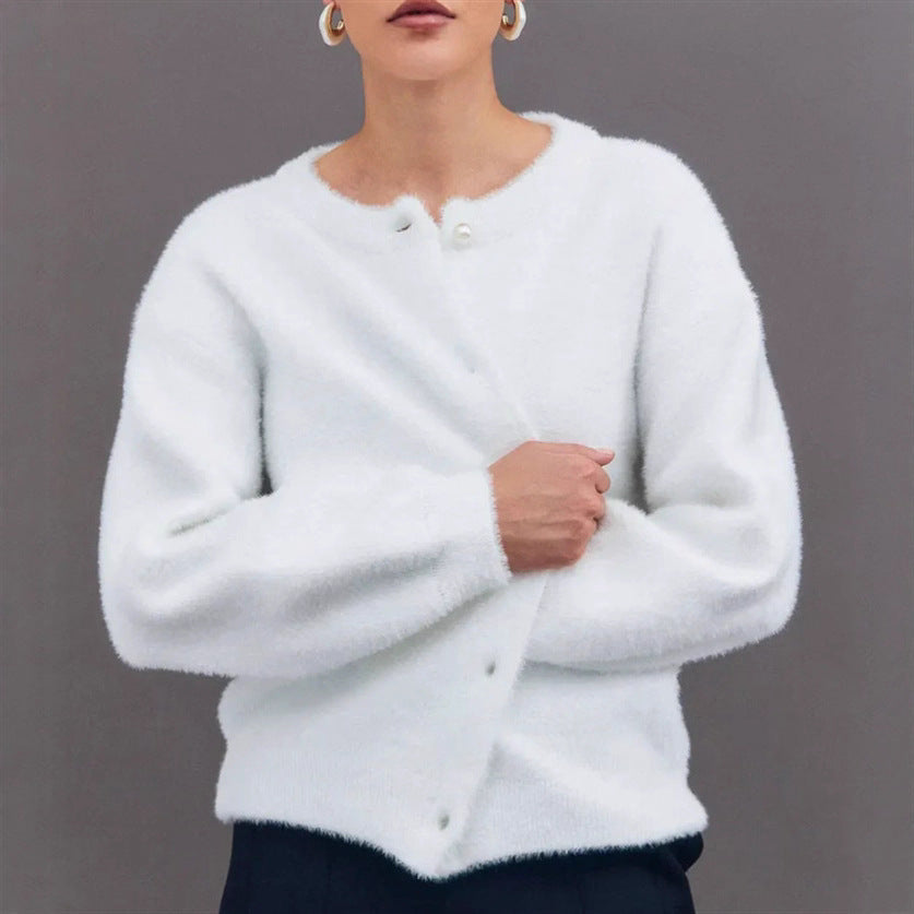 Damen Flauscher Cardigan mit dekorativen Perlenknöpfen Heidi-Mode