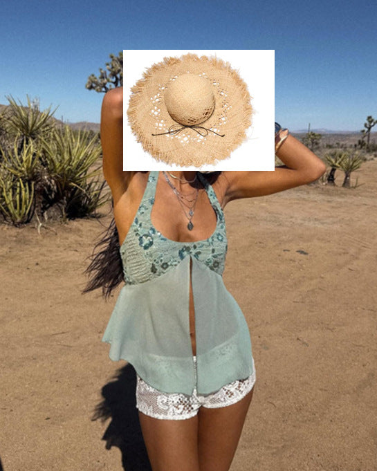 Damen Trendiges Strandtop mit transparentem Stoff und Spitze Heidi-Mode
