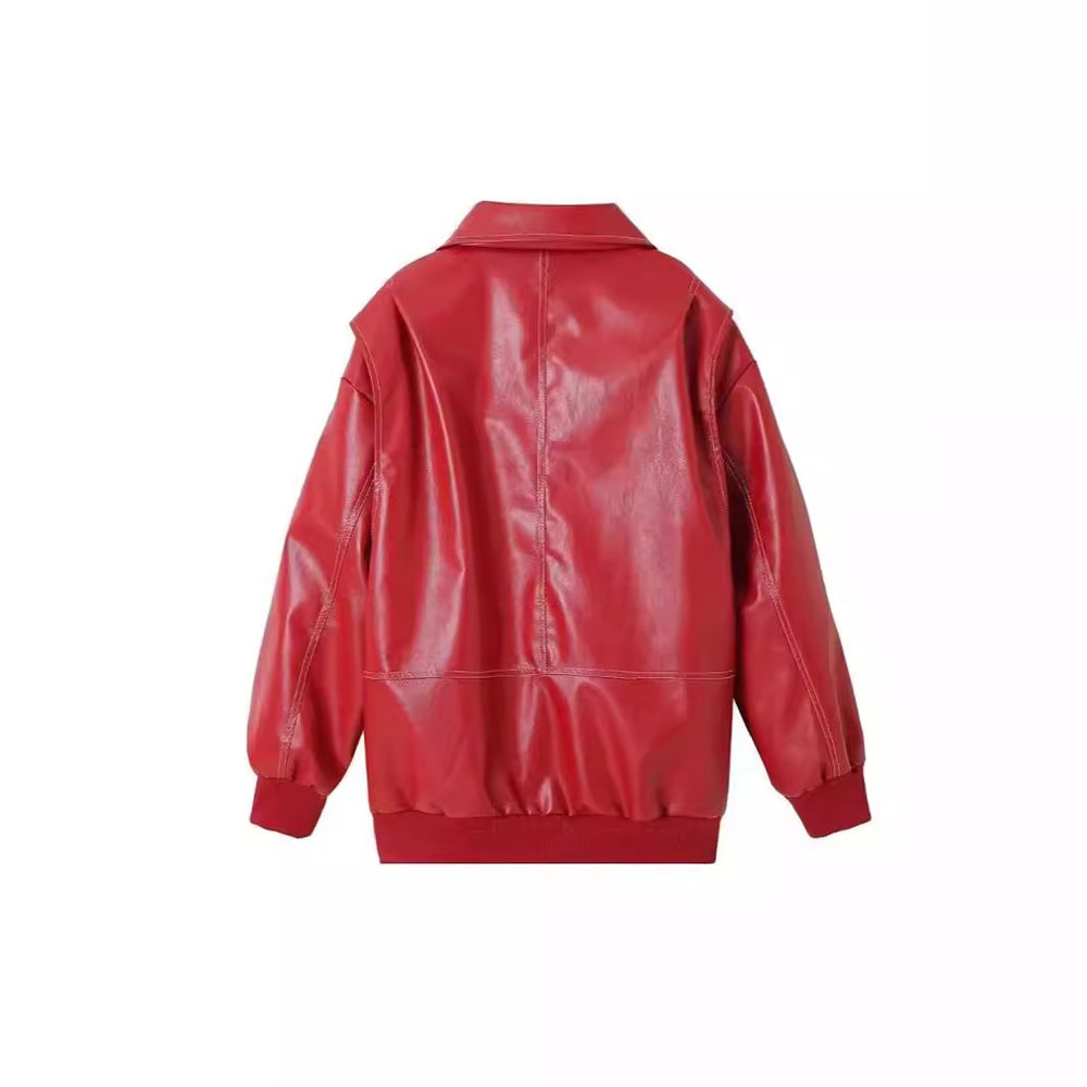 Damen stylische Kunstlederjacke mit voluminösen Ärmeln und praktischen Zipper-Taschen Heidi-Mode