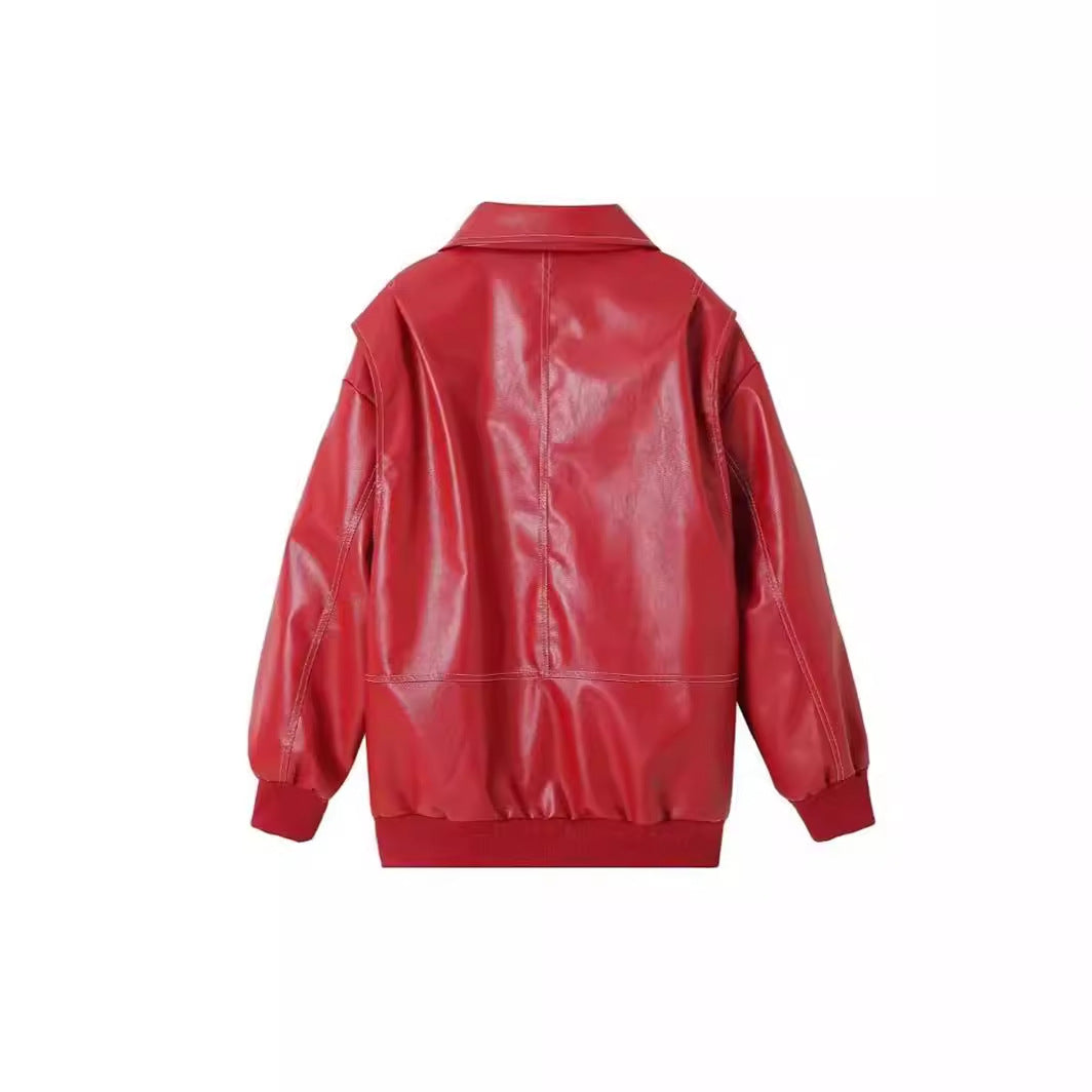 Damen stylische Kunstlederjacke mit voluminösen Ärmeln und praktischen Zipper-Taschen Heidi-Mode