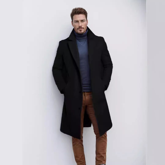 Herren eleganter Wollmantel mit klassischem Revers und praktischen Taschen Heidi-Mode