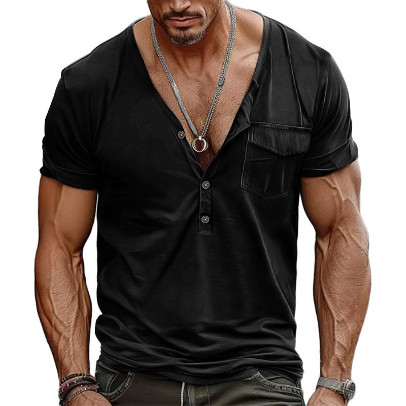 Herren Kurzarm-Henley-T-Shirt mit dekorativer Brusttasche und modernem Schnitt Heidi-Mode