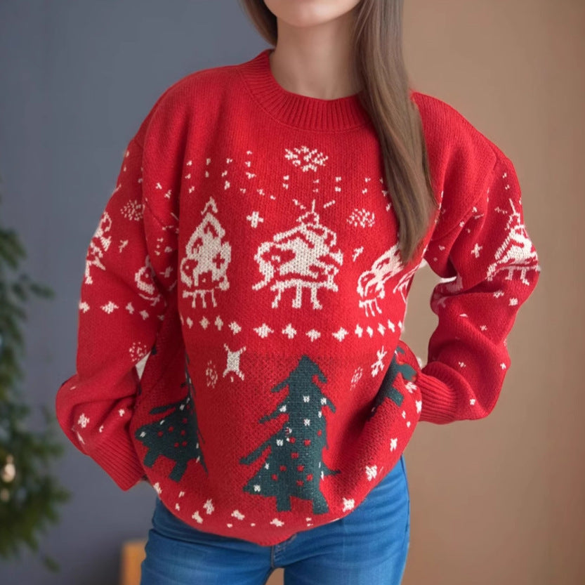 Damen gestrickter Weihnachtspullover mit festlichen Motiven und lässigem Schnitt Heidi-Mode