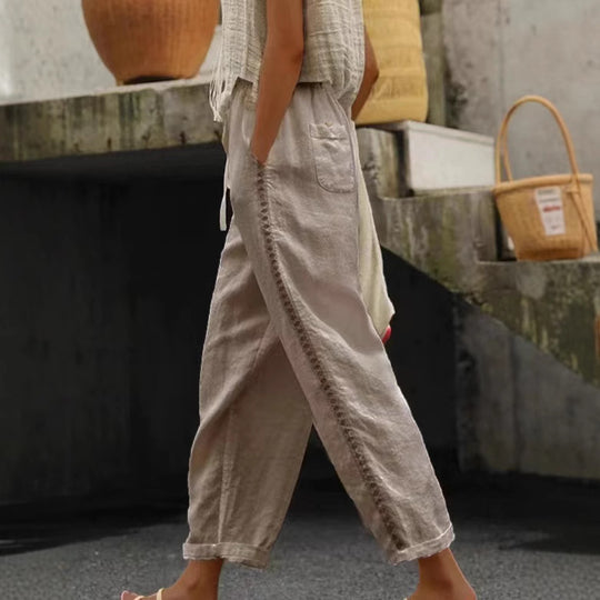 Damen lässige Leinenhose mit seitlichen Schneidern Heidi-Mode