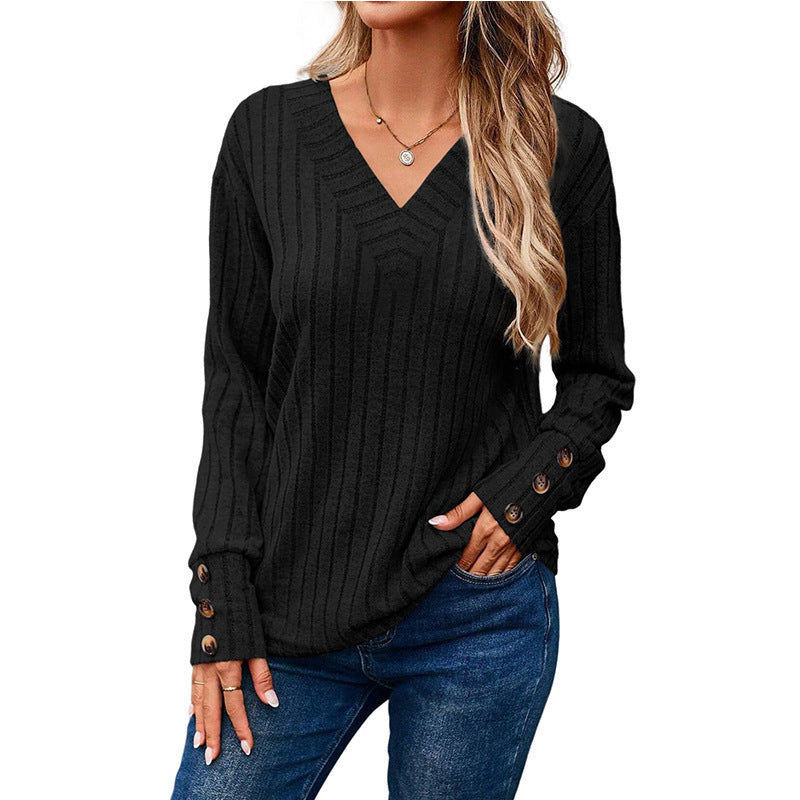 Damen V-Ausschnitt Pullover mit dekorativem Streifenmuster und Knopfdetails Heidi-Mode