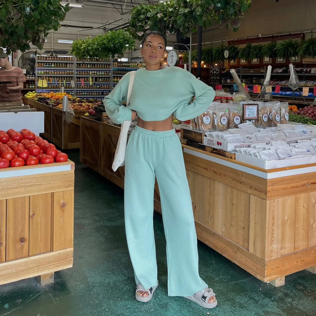 Damen Lässiges Waffeltextur Zwei-Teiliges Outfit Heidi-Mode