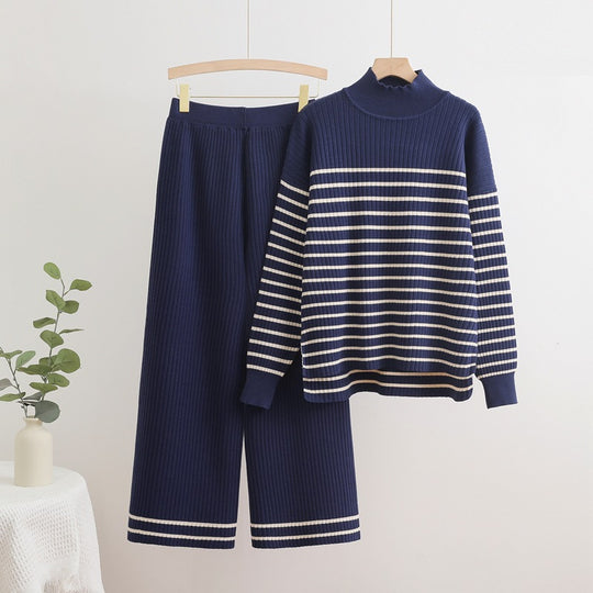 Damen gemütliches Strick-Loungewear-Set mit quer gestreiften Details Heidi-Mode