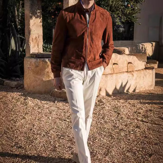 Herren elegante Wildlederjacke mit Stehkragen und seitlichen Eingrifftaschen Heidi-Mode