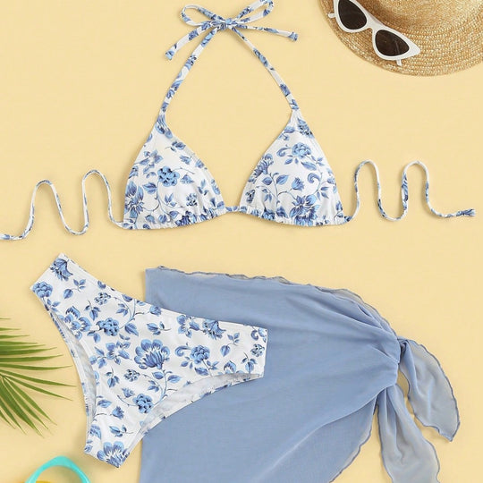 Damen Triangel-Bikini-Set mit romantischem Blumenmuster und eleganter Pareo Heidi-Mode