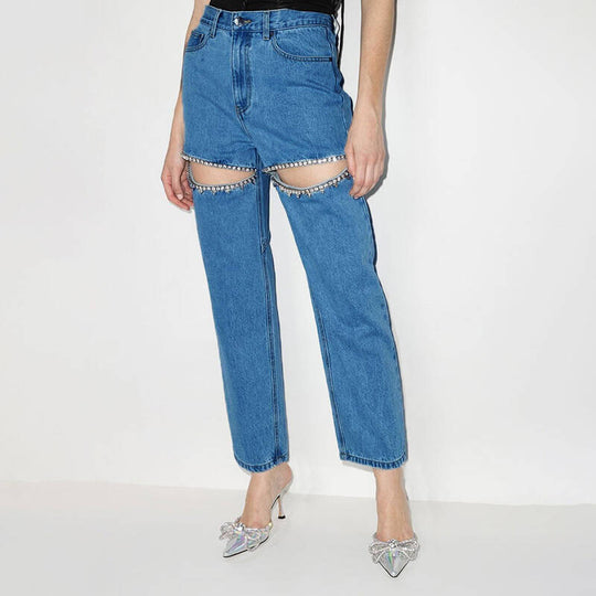 Damen Jeans mit dekorativen Cut-Outs und Strassverzierungen Heidi-Mode