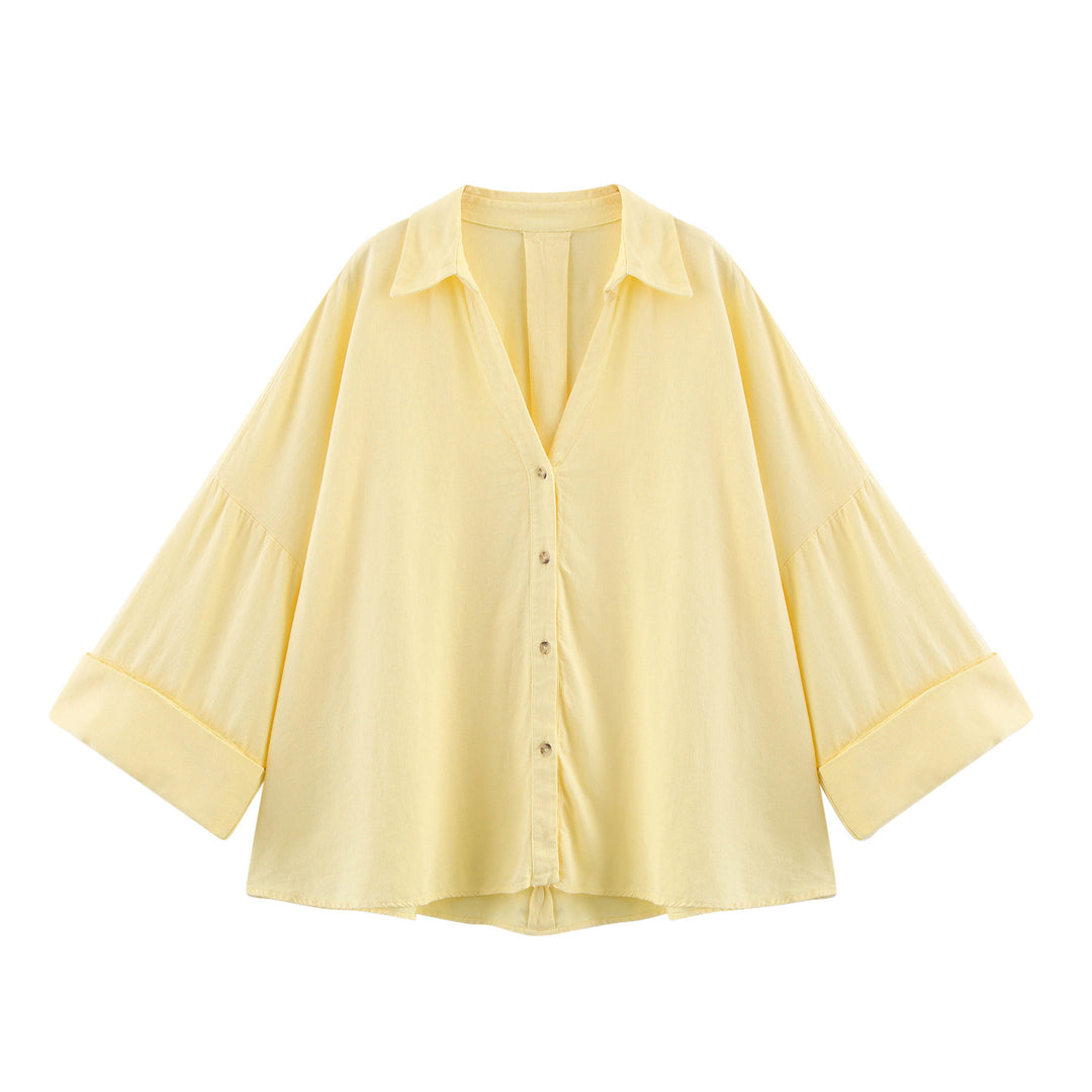 Damen lässige Bluse mit voluminösen Ärmeln und durchgehender Knopfleiste Heidi-Mode