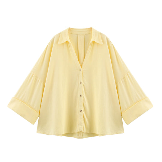Damen lässige Bluse mit voluminösen Ärmeln und durchgehender Knopfleiste Heidi-Mode