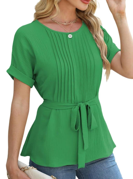 Damen modisches Blusenshirt mit eleganten Plisseedetails und Taillengürtel Heidi-Mode