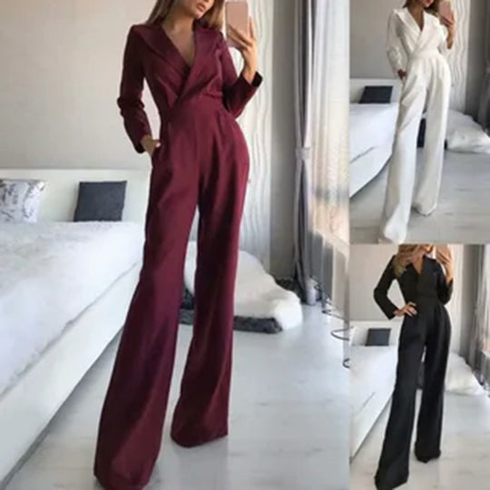 Damen Jumpsuit im eleganten Business-Stil mit Tiefer V-Ausschnitt und weitem Bein Heidi-Mode