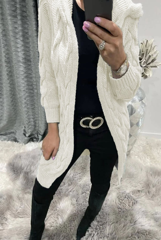 Damen Grobstrick-Cardigan mit Kapuze und Zopfmuster Heidi-Mode
