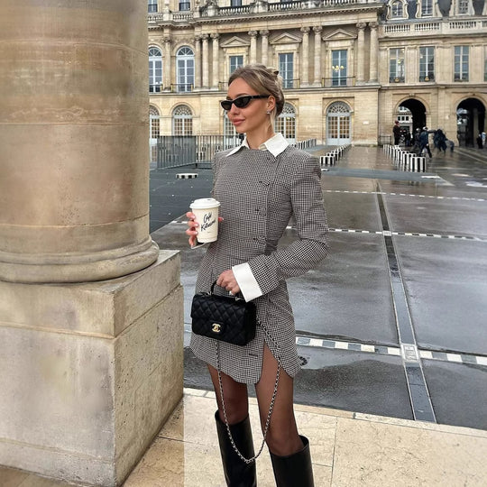 Damen Karomuster Blusenjacke mit Schalkragen und Knopfdetails Heidi-Mode