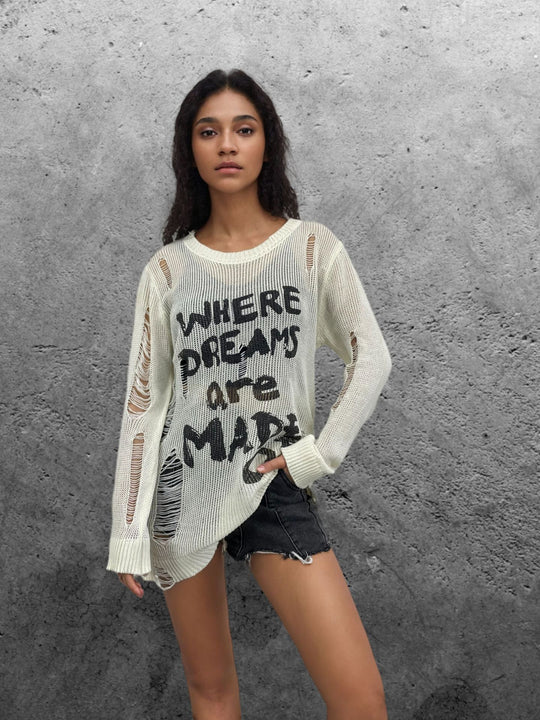 Damen lässiger Oversized Pullover mit auffälligem Schriftzug und Strick-Details Heidi-Mode