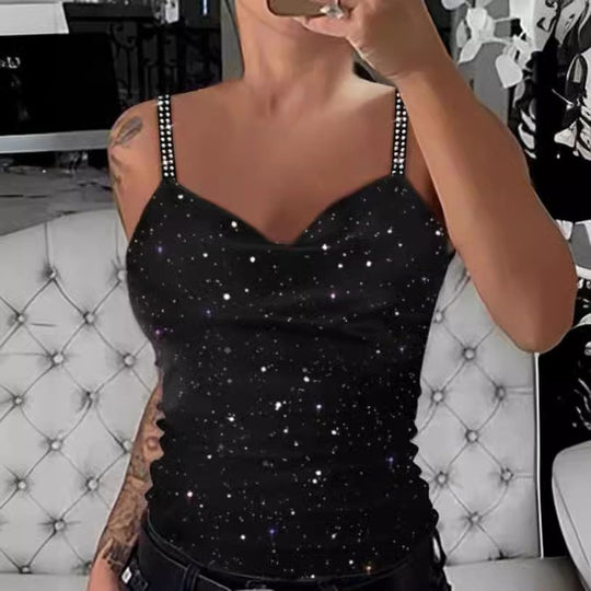 Damen Oberteil mit funkelndem Galaxie-Design und eleganten Spaghetti-Trägern Heidi-Mode