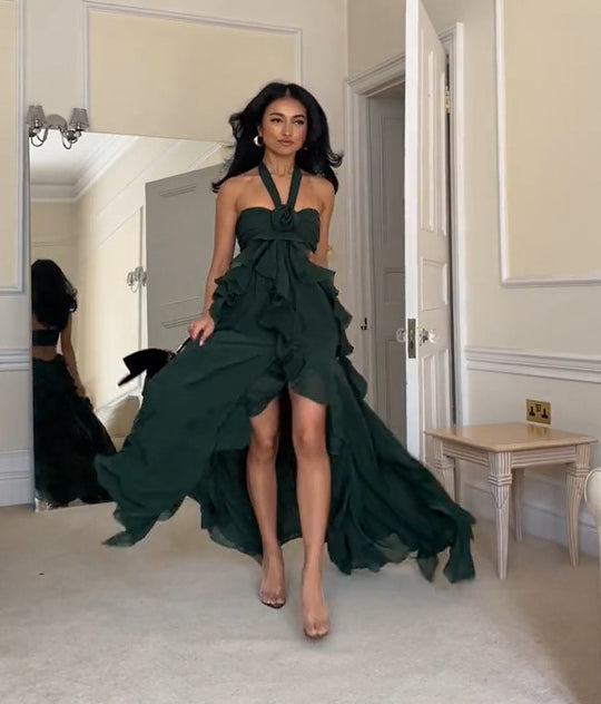 Damen Maxi-Brautkleid mit voluminösem Rüschendesign und elegantem Halterneck Heidi-Mode