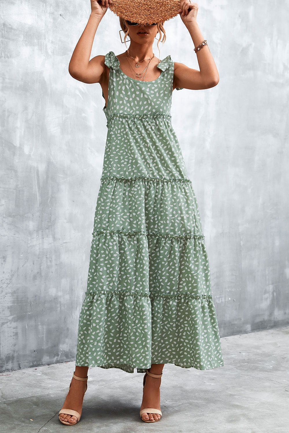 Damen Maxikleid mit verspieltem Volant und zartem Muster Heidi-Mode