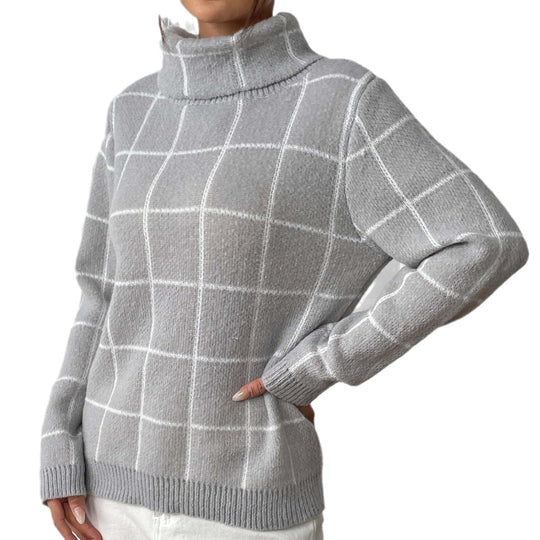 Damen Pullover mit hohem Kragen und kariertem Muster Heidi-Mode