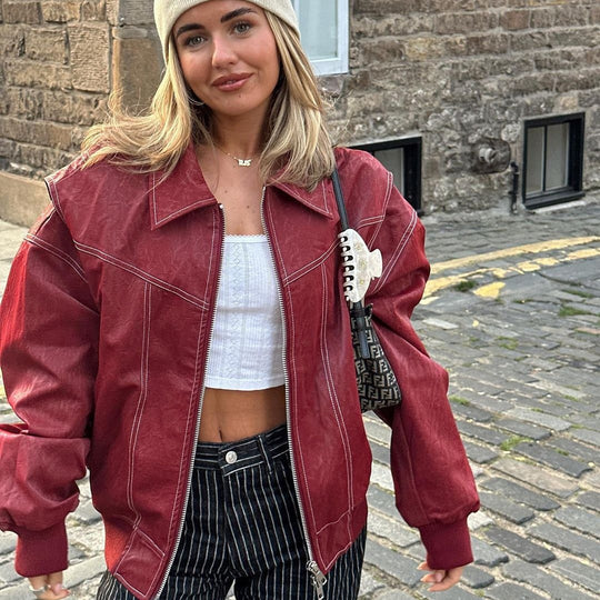 Damen Elegante Kunstlederjacke mit hochstehendem Kragen und elastischen Bündchen Heidi-Mode