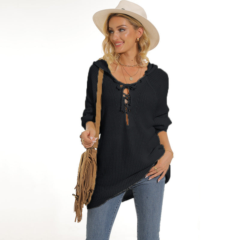Damen lässiger Strickpullover mit einzigartigem Schnürdesign und lockerer Passform Heidi-Mode