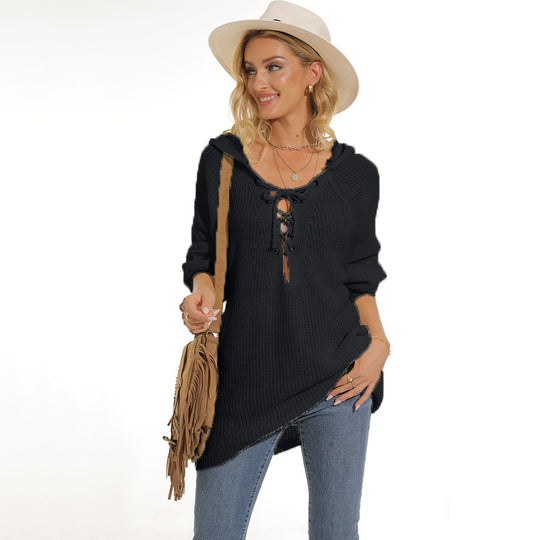 Damen lässiger Strickpullover mit einzigartigem Schnürdesign und lockerer Passform Heidi-Mode