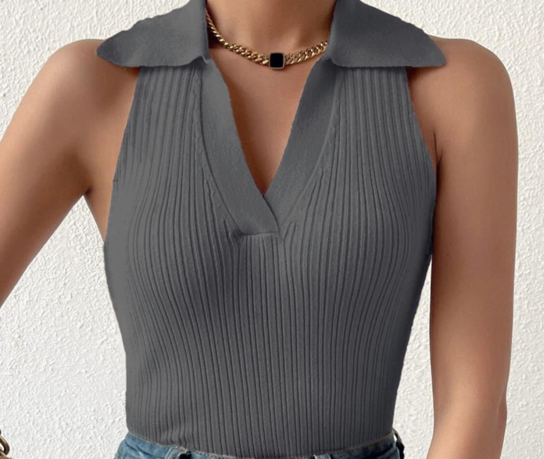 Damen Ärmelloses Strickoberteil mit modischem Kragen und Rippstruktur Heidi-Mode