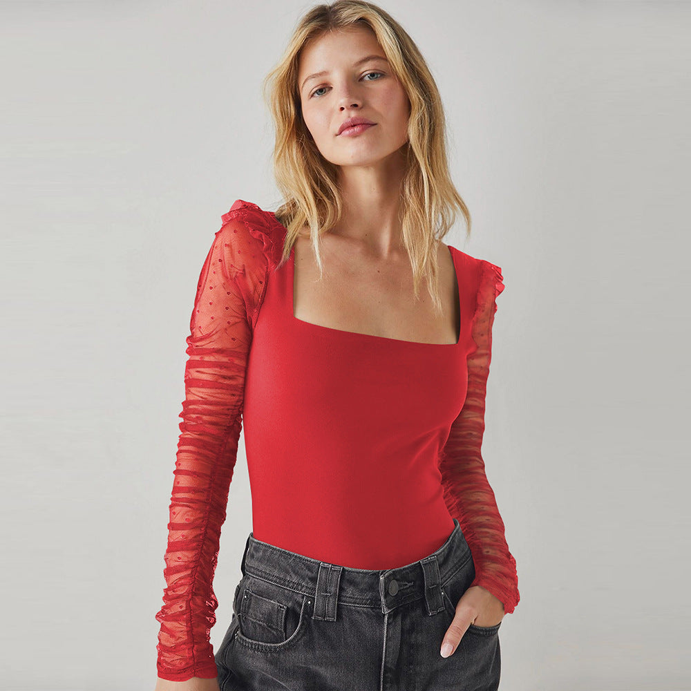 Damen Body mit elegantem quadratischen Ausschnitt und luftigen Puffärmeln Heidi-Mode