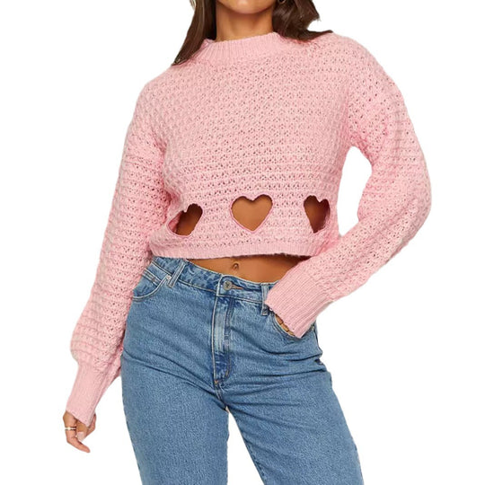 Damen Grob gestrickter Pullover mit Herzverzierungen und lockerem Schnitt Heidi-Mode