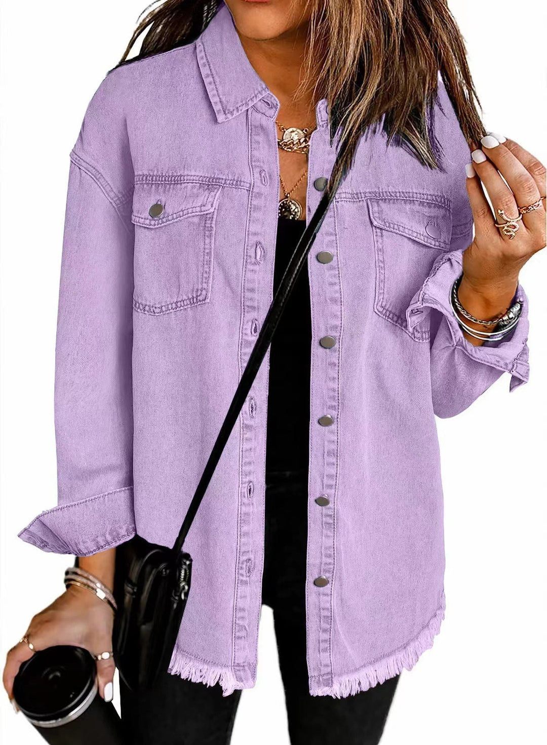 Damen Denim Overshirt mit fransigem Saum und Brusttaschen Heidi-Mode