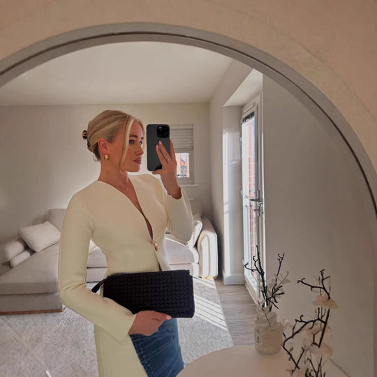 Damen Wickeljacke mit modernem V-Ausschnitt und eleganten Knopfdetails Heidi-Mode