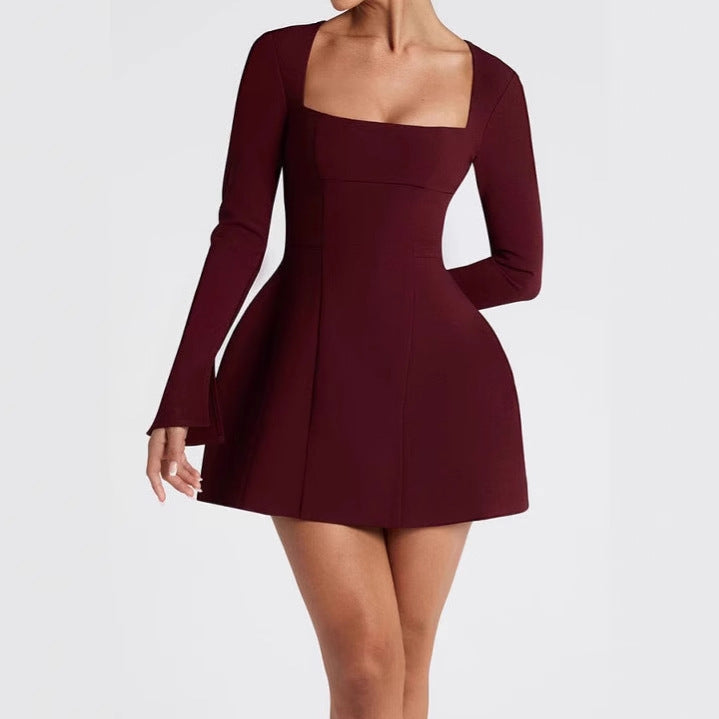 Damen Elegantes Minikleid mit Quadrat-Ausschnitt und ausgestellten Ärmeln Heidi-Mode