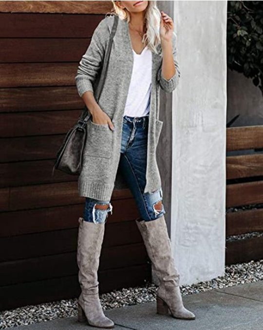Damen Lange Strickjacke mit offenem Schnitt und lässigem Design Heidi-Mode
