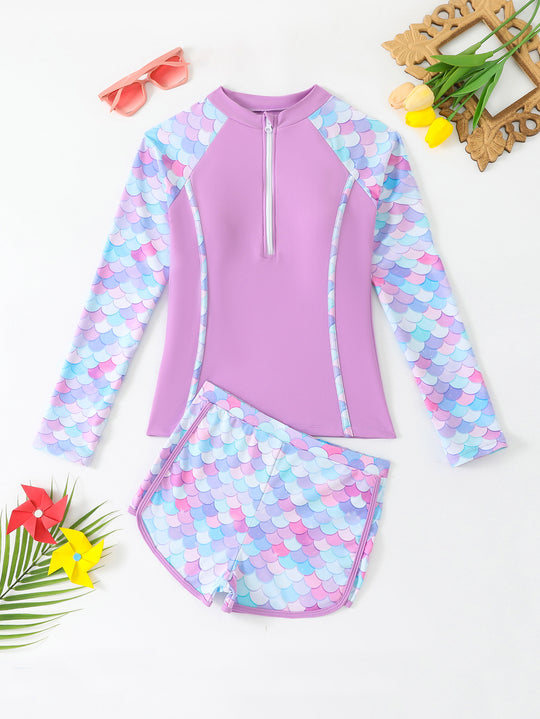 Damen Surfanzug-Set mit langer Raglanärmel und farbenfrohem Schuppenmuster Heidi-Mode