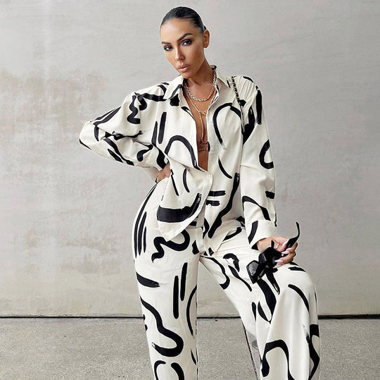 Damen elegantes Oversized Shirt und Palazzo-Hosen Set aus satinartigem Stoff mit auffälligem Muster Heidi-Mode
