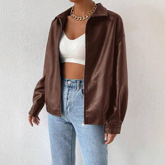Damen trendige Kunstlederjacke im modernen Schnitt mit lässigem Reißverschluss Heidi-Mode
