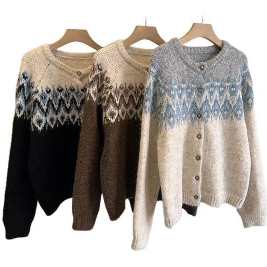 Damen Grobstrick Cardigan mit geometrischem Fair-Isle-Muster und eleganter Knopfleiste Heidi-Mode