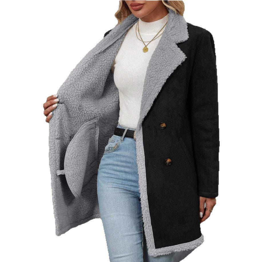 Damen Modische Oversized-Jacke mit Teddyfutter und doppelter Knopfleiste Heidi-Mode